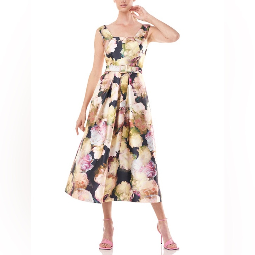 $298 Kay Unger Women's Yellow Floral Belted Waist Midi A-Line Dress‎ Size 6